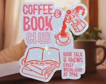 Holografische sticker koffie en boekenclub, retro koffiepotscène, gezellige leesstemming (lezercadeau, boekenliefhebber)