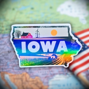 Iowa - Sticker • Farm Fields & Wind Turbines Vinyl Decal, American State Sticker, Travel Map, State Tripping, State With Name, Retro State