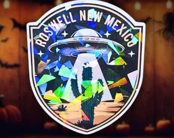 Adesivo olografico di Roswell, Nuovo Messico: emblema UFO retrò, regalo alieno / collezionista di fantascienza, decorazione spaziale