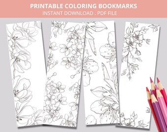 Printable Coloring Floral Bookmarks, Spring Coloring Bookmarks Set, Kids and Adult Printable Coloring Bookmarks, Set of 4 Coloring Bookmarks
