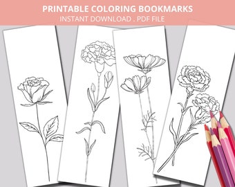 Printable Flower Coloring Bookmarks, Floral Bookmark Set of 4, Kids and Adult Coloring Page, Color Your Own Bookmarks, Spring Crafts