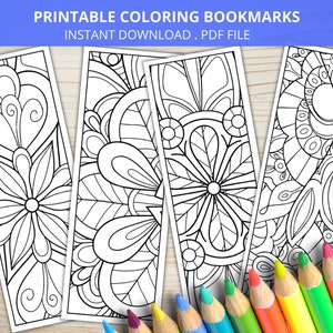 May include: Four printable coloring bookmarks featuring intricate black and white floral designs. The bookmarks are ready to be downloaded as a PDF file.  The text "PRINTABLE COLORING BOOKMARKS" and "INSTANT DOWNLOAD. PDF FILE" is at the top of the image.