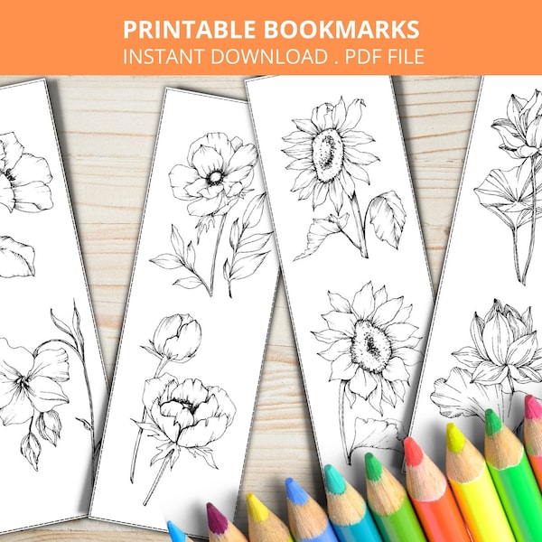 Floral Printable Bookmarks, Flowers to Color, Printable Colouring Page,  Apple Blossom, Sunflower, Lotus, Spring Coloring Bookmarks, Flores