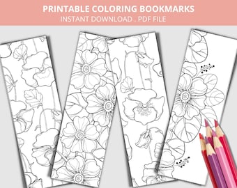 Marcapáginas de flores imprimibles, marcapáginas de flores para colorear, página para colorear de primavera, manualidades para adultos y niños, flores para colorear