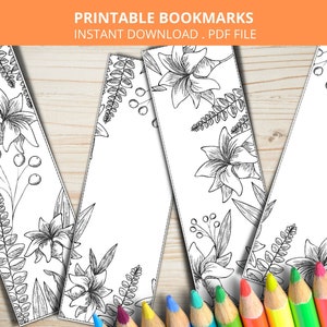 Florale Lesezeichen zum Ausdrucken, Frühling Sommer Lesezeichen, Malseite für Kinder und Erwachsene, 4er Set Malbuchmarker, Basteln