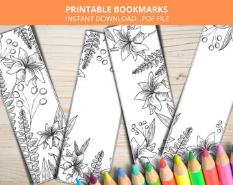 Floral Printable Coloring Bookmarks, Spring Summer Bookmarks, Kids and Adult Printable Coloring Page, Set of 4 Coloring Book Markers, Crafts