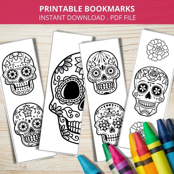 Sugar Skulls Printable Bookmarks to Color, Day of the Dead Colouring Page, Mexican Party, Sugar Skull Colouring Activity, Dia de Muertos