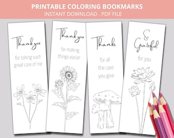 Printable Caregiver Appreciation Coloring Bookmarks, Caregiver Appreciation Gift, Thank you, Grateful for you Colouring Bookmark Set of 4