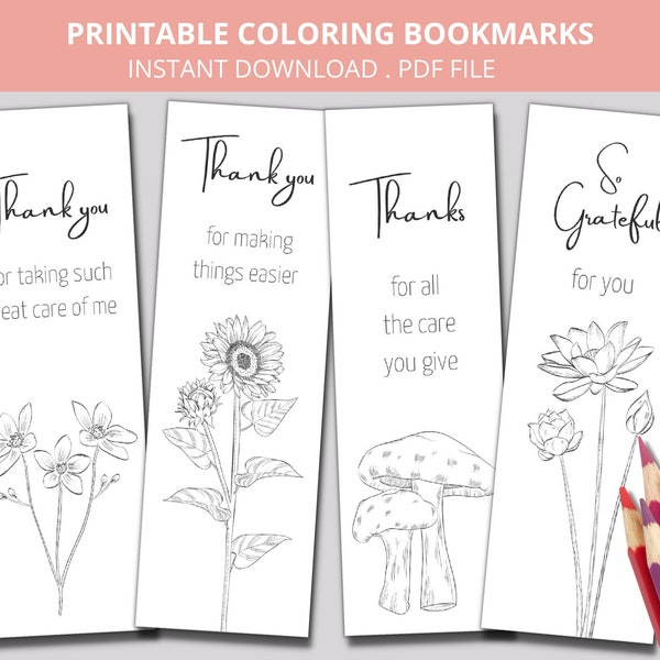 Printable Caregiver Appreciation Coloring Bookmarks, Caregiver Appreciation Gift, Thank you, Grateful for you Colouring Bookmark Set of 4