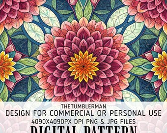 Vibrant Floral Mandala Tumbler Wrap, Stained Glass Digital Design, 20oz Skinny Sublimation, Straight and Tapered PNG, Instant Download