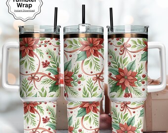 Christmas Poinsettia Tumbler Wrap: Distressed Floral PNG (Digital Download, 40 oz Tumbler Design)