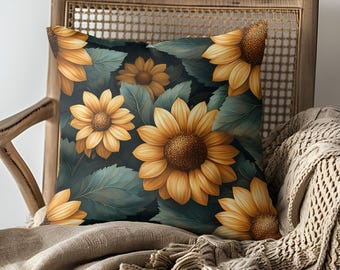 Sunflower Throw Pillow, Decorative Sunflower Cushion, Floral Cushion Cover, Botanical Throw Pillow, Cozy Home Decor, Living Room Accent