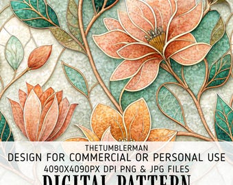 Peach Gold Stained Glass Floral Tumbler Wrap, Seamless 20 oz Skinny Tumbler Sublimation Design, Straight and Tapered PNG, Digital Download