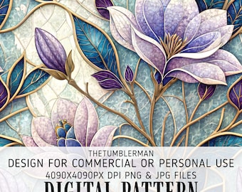 Purple Gold Magnolia Stained Glass Digital Tumbler Wrap, Seamless 20 oz Skinny Sublimation Design, Straight and Tapered PNG Download