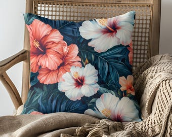 Tropical Floral Throw Pillow, Hibiscus Flower Pillow, Vibrant Cushion Decor, Summer Home Accent, Botanical Print Pillow, Cozy Sofa Pillow