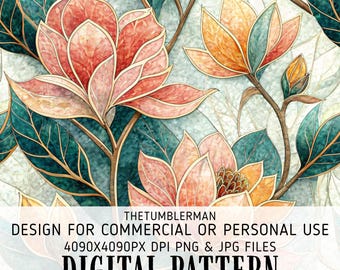 Seamless 20 oz Skinny Tumbler Wrap Sublimation Design, Digital, Straight Tapered PNG, Instant Download, Abstract Coral Teal Floral Pattern