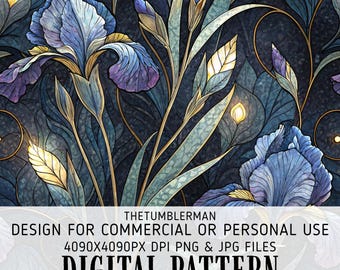 Stained Glass Irises Tumbler Wrap, Seamless 20oz Skinny Sublimation Design, Art Nouveau Floral Digital PNG, Straight and Tapered Download
