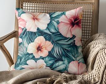 Tropical Hibiscus Floral Throw Pillow, Vibrant Tropical Leaf Print Pillow, Lush Green and Pink Flower Cushion, Nature Inspired Decor