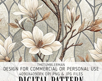 Seamless 20oz Skinny Tumbler Wrap Sublimation Design, Digital PNG, Instant Download, Magnolia Stained Glass Floral Tumbler, Straight and