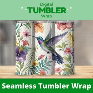 Hummingbird Tumbler Wrap Design, Floral 20 oz Skinny Tumbler, Straight Tapered Wrap png, Sublimation Digital Download, Tropical Flowers