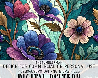 Stained Glass Floral Tumbler Wrap, Seamless 20 oz Skinny Sublimation Design, Digital PNG, Instant Download, Tapered Straight, Vibrant