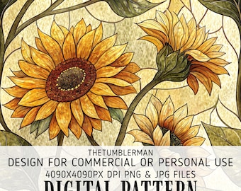 Stained Glass Sunflower Digital Tumbler Wrap, 20 oz Skinny Sublimation Design, Straight and Tapered PNG, Instant Download for Crafts