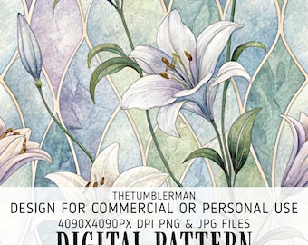 Digital Tumbler Wrap, 20 oz Skinny Sublimation, White Lily Floral Seamless PNG, Stained Glass Watercolor, Straight Tapered, Instant Download