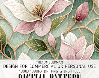 Magnolia Stained Glass Tumbler Wrap, Digital Sublimation Design, 20 oz Skinny, Straight Tapered PNG, Instant Download Floral Pattern