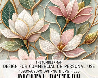 Magnolia Tumbler Wrap, Seamless 20oz Skinny Tumbler, Floral Digital Design, Pink White Green Gold, Botanical Sublimation PNG, Instant