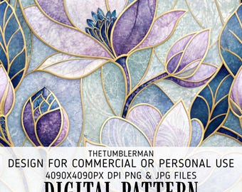 Seamless 20oz Skinny Tumbler Wrap, Digital Sublimation Design, Stained Glass Floral Pattern PNG, Purple Blue Gold Tumbler Art, Instant