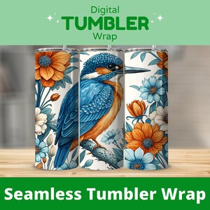 Kingfisher Tumbler Wrap, 20 oz Skinny Tumbler Wrap Sublimation Design, Straight Tapered png, Floral Bird Tumbler, Digital Download