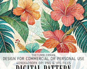 Seamless Hibiscus Tumbler Wrap, Digital Tropical Floral Design, 20 oz Skinny Sublimation, Straight Tapered Instant Download PNG