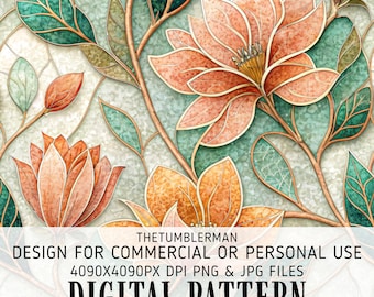 Seamless 20oz Skinny Tumbler Wrap, Stained Glass Floral Sublimation, Peach Teal Botanical Design, Straight Tapered Digital, Instant Download