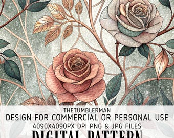 Stained Glass Rose Tumbler Wrap Digital, Seamless 20oz Skinny Sublimation Design, Elegant Floral PNG, Instant Download Straight and Tapered