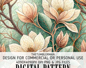 Seamless Magnolia Tumbler Wrap, 20 oz Skinny Sublimation Design, Straight Tapered PNG, Digital Download, Floral Botanical Art