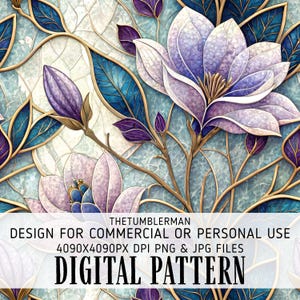 Op de afbeelding: Digitaal patroon met gestileerde bloemelementen in paars, blauw en goud. Het ontwerp bevat grote, open bloemen, knoppen en bladeren met ingewikkelde details. De tekst "DIGITAL PATTERN" staat onderaan.