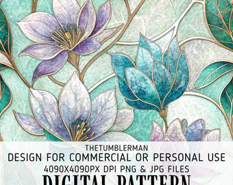 Aqua Teal Floral Tumbler Wrap, Stained Glass Flowers 20oz Skinny Tumbler Sublimation Design, Digital Download, Seamless Tapered PNG