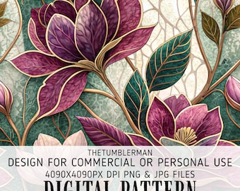 Stained Glass Magnolia Tumbler Wrap, Seamless 20oz Skinny Tumbler Design, Purple Gold Floral Sublimation PNG, Digital Instant Download