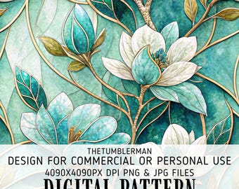 Stained Glass Magnolia Seamless 20oz Skinny Tumbler Wrap, Teal Gold Floral Sublimation Design Digital, Straight Tapered Tumbler PNG, Instant