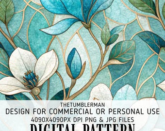 Teal Blue Magnolia Tumbler Wrap, Stained Glass Floral Design, Seamless 20oz Skinny Sublimation PNG, Digital Download, Straight and Tapered
