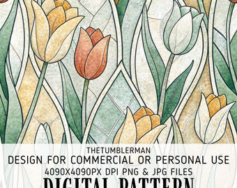 Stained Glass Tulip Tumbler Wrap, Digital Seamless Sublimation Design, 20oz Skinny Tumbler, Straight Tapered PNG, Instant Download