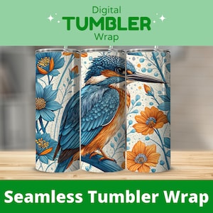 20 oz Skinny Tumbler Wrap Sublimation Design, Kingfisher Bird PNG, Straight Tapered Wrap, Floral Tumbler Design, Instant Download Digital
