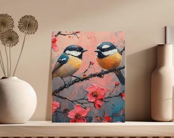Könnte beinhalten: Ein Ölgemälde auf Leinwand mit zwei kleinen Vögeln mit schwarzem, weißem und gelbem Gefieder, die auf einem dunklen Ast sitzen. Der Hintergrund ist ein strukturiertes zartes Rosa mit leuchtend roten Blüten, die über das Bild verteilt sind.
