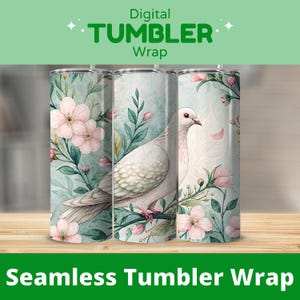 20 oz Skinny Tumbler Wrap Sublimation Design, White Dove Floral, Straight Tapered Wrap png, Instant Download, Digital Tumbler File
