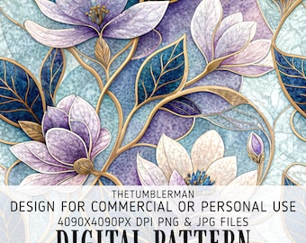 Stained Glass Floral Tumbler Wrap, Magnolia Flowers Seamless 20oz Skinny Tumbler Design, Purple Blue Teal Sublimation PNG, Digital Instant