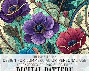 Stained Glass Floral Tumbler Wrap, Anemone Flowers Digital Design, Seamless 20oz Skinny Sublimation PNG, Straight Tapered Instant Download