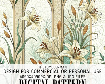 Digital Tumbler Wrap, Seamless 20 oz Skinny Tumbler Sublimation Design, Art Nouveau Lily Floral Pattern, Straight and Tapered PNG, Instant