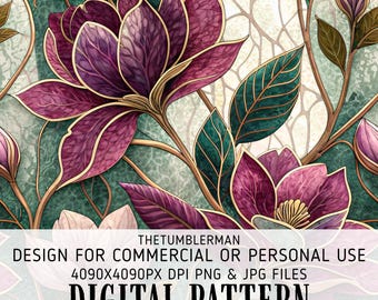 Purple Floral Tumbler Wrap Digital, Stained Glass Magnolia Sublimation, 20oz Skinny Seamless PNG, Instant Download Design