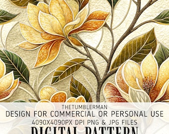 Golden Magnolia Tumbler Wrap Digital, Seamless 20oz Skinny Tumbler Sublimation, Stained Glass Floral PNG, Straight Tapered Instant Download