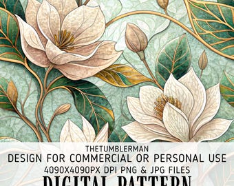 Elegant Magnolia Floral Tumbler Wrap, Seamless 20 oz Skinny Tumbler Design, Digital PNG, Art Deco Botanical Sublimation, Instant Download